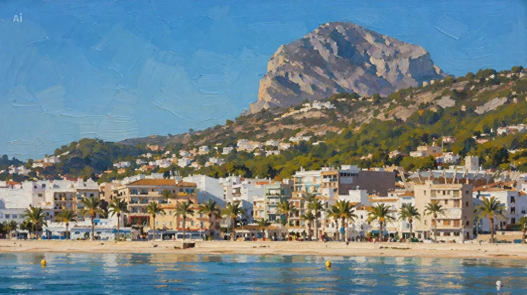 Painterly view of Javea coastline and blue sea